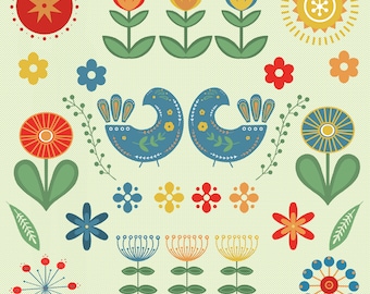 Scandinavian Flower Folk Art Clipart Digital Download