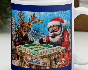 Merry Mahjong Christmas Glossy Mug, Santa Mahjong Coffee Mug, Mahjong Gift for Her, Mahjong Lover Gift, Mahjong Club Holiday Gift, Scuba Mug