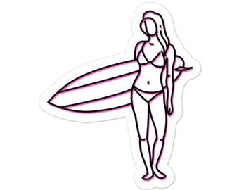 Pegatinas sin burbujas de Surfer Girl en color negro con contorno rosa, colección de playas de San Diego, surf, sur de California, vida en la playa, tabla de surf