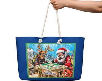 Merry Mahjong Oversized Weekender Bag, Christmas Mahjong Travel Bag, Mahjong Gift for Her, Mahjong Club Tote, Girls Trip Bag, Scuba Santa