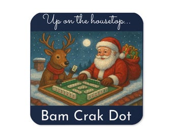 Posavasos de corcho "En lo alto de la casa..."Bam Crak Dot - Posavasos azul marino con Papá Noel y sus renos jugando al Mahjong, regalo para anfitriones de Mahjong