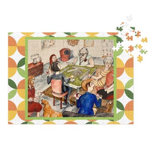 May include: A jigsaw puzzle featuring an illustration of a group of people playing a game around a table. The scene is set indoors, with a dog and various objects. The puzzle has a colorful geometric border.