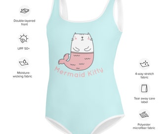 Traje de baño infantil de sirena y gatito en azul cian - Traje de baño infantil, verano, playa, piscina, vacaciones, traje de baño divertido, sirena, gatito, gato
