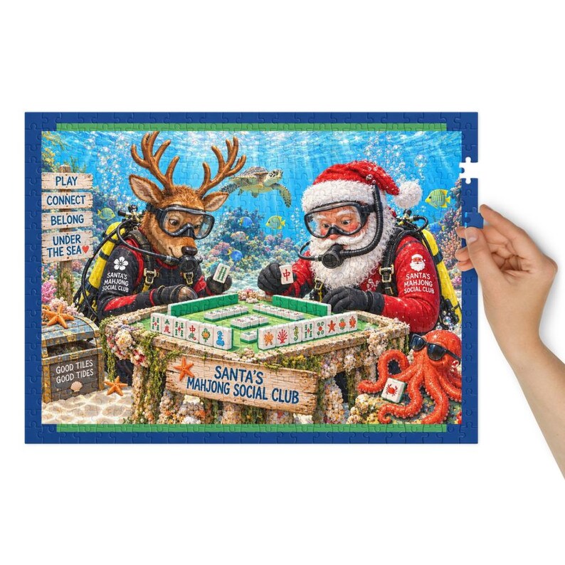 K&ouml;nnte beinhalten: Ein Puzzle mit einem Rentier und dem Weihnachtsmann in Taucherausr&uuml;stung, die unter Wasser Mahjong spielen. Die Szene zeigt ein Korallenriff, eine Meeresschildkr&ouml;te und einen orangefarbenen Oktopus. Ein Holzschild tr&auml;gt die Aufschrift Santa's Mahjong Social Club und Good Tiles Good Tides.