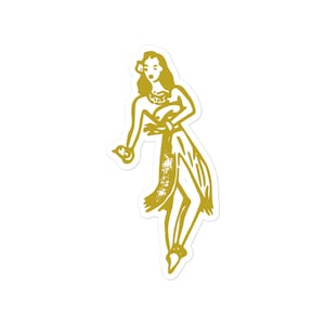 Sticker Hula Girl: luchtbelvrije sticker - Retro Hawaiiaanse hoelameisjesticker - mosterdkleur