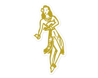 Hula Girl Bubble-free sticker - Retro Hawaii hula girl sticker - Mustard color