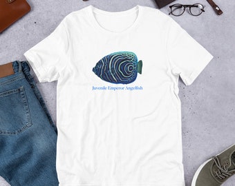 Camiseta unisex de manga corta con pez ángel emperador juvenil, pez tropical, esnórquel, Hawái, camiseta de peces, océano Índico, mar Rojo, océano Pacífico