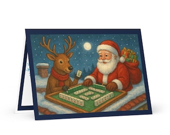 Up on the Housetop...Bam Crak Dot Greeting Card - (cream color inside) Merry Mah Jongg -Navy blue with Santa and reindeer playing Mah Jongg
