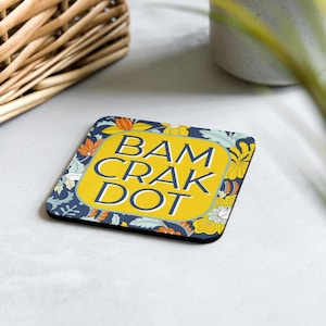 Bam Crak Dot Classic Floral Coaster in Yellow- Mah Jongg Cork-back coaster, game table, Mahjong, Bam Crack Dot, American Mah Jongg