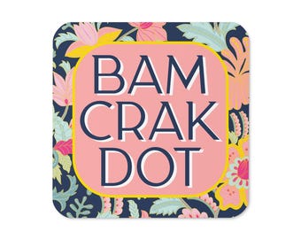 Bam Crak Dot Classic Floral Coaster in Pink - Mah Jongg Cork-back coaster, game table, Mahjong, Bam Crack Dot, American Mah Jongg