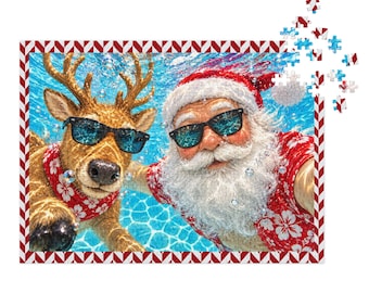 Underwater Santa Christmas Puzzle in Tin, Festive Santa, Tropical Christmas Jigsaw Puzzle, Santa & Reindeer Gift, Beach Christmas Puzzle
