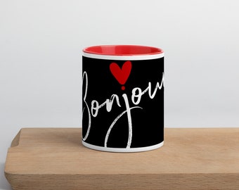 Bonjour con corazón rojo - Taza blanca y negra con color rojo en el interior - Francés - Buenos días - corazón rojo - viajes - Amor - Bongiorno - Europa
