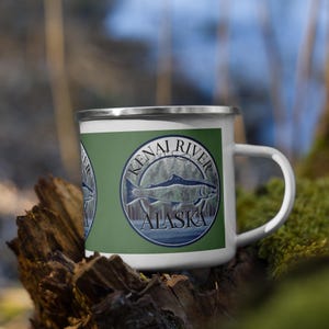 Kenai River Alaska Fishing Enamel Mug - Fish Alaska, Salmon fishing, Trout fishing, Soldotna, Cooper Landing, Russian River
