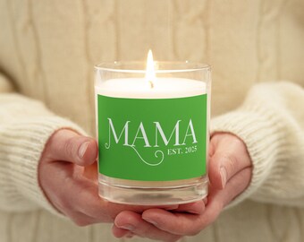 Mama est. 2025 Glass jar soy wax candle - green - baby shower gift - new mom gift