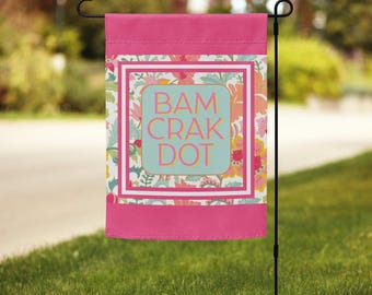 Bam Crak Dot Pink Mah Jongg Garden Flag, Mahjong, Bam Crack Dot, American Mah Jongg, flores clásicas: rosa, amarillo y espuma de mar