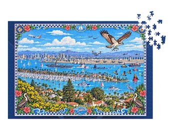 San Diego Bay Jigsaw Puzzle with Decorative Tin, Colorful Coastal California Art, Coronado Bridge and Point Loma, Up to 2000 Pieces