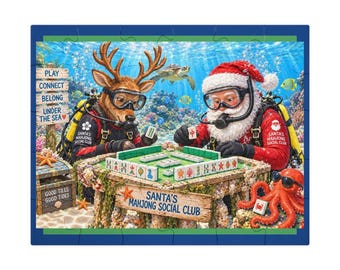 Merry Mahjong Christmas Puzzle with Tin, Santa Mahjong Jigsaw Puzzle, Mahjong Gift for Her, Mahjong Club Gift, Holiday Puzzle, Scuba Santa