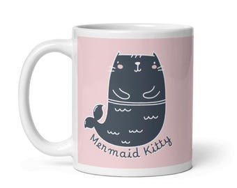 Taza brillante rosa de sirena gatita - Gatita sirena azul marino, taza en varios tamaños, regalo de sirena, taza de gatito, taza de sirena, diversión de verano