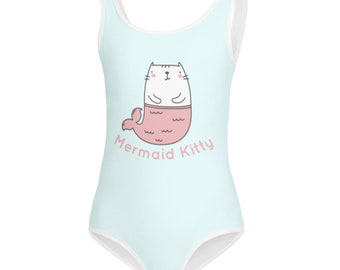 Traje de baño infantil de sirena gatita en azul hielo, traje de baño infantil, verano, playa, piscina, vacaciones, traje de baño divertido, sirena, gatita, gato