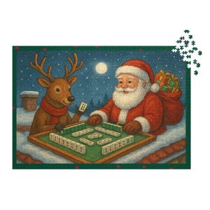 May include: A Christmas-themed jigsaw puzzle featuring Santa Claus and a reindeer playing mahjong. Santa wears a red suit and hat, while the reindeer sports a red scarf. The puzzle has a green border and a snowy night background.