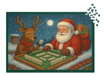 En el tejado... Rompecabezas Bam Crak Dot con lata - Papá Noel y sus renos jugando al Mahjong, regalo de Mahjong, Navidad, Feliz Mahjong
