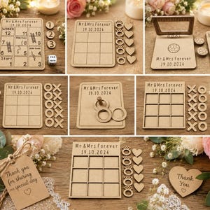 May include: A collection of laser-cut wooden wedding game sets including a snakes and ladders board, tic-tac-toe boards with ring and heart tokens, a football-themed goal game, and a thank you tag, all engraved with Mr & Mrs Forever 19.10.2024.