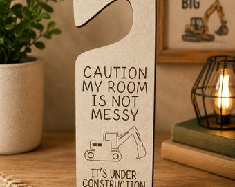 Personalised Bedroom Door Hanger | Custom Kids Bedroom Sign | Wooden Name Door Plaque | Nursery Door Decor | Door Hanger | Digger Decor Gift