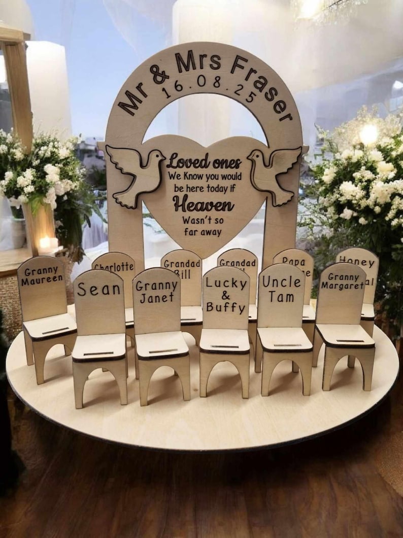 Wedding table Top Plaque Centrepiece with chairs Loved Ones in Heaven - Personalised - Wedding Decorations - Memorial - Remembrance image 1