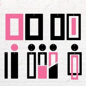 May include: A set of nine earring templates for crafting. The templates are made of black and pink cardstock. The templates are in various shapes, including circles, rectangles, and squares. The templates are labeled with the number "9" and the word "ROUND".