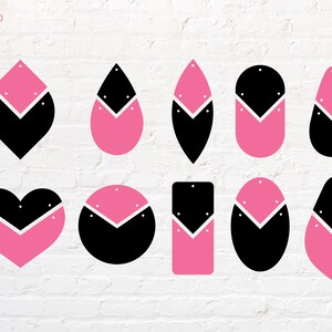 May include: Nine different earring shapes with black and pink designs. The shapes include a heart, a teardrop, a rectangle, and a rounded oval.