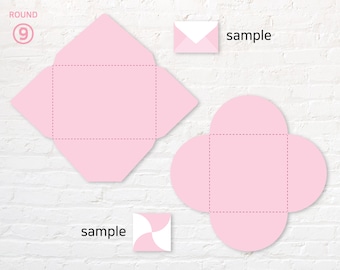 May include: Two pink paper envelope templates with dashed lines showing where to fold. One envelope is a standard diamond shape and the other is a rounded, four-leaf clover shape. The text "sample" appears twice in the image.