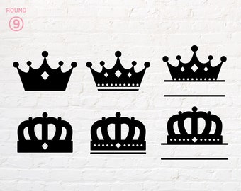 May include: Set of six black crown silhouette designs. The crowns are in different styles, some with a single point at the top and others with multiple points. All crowns have a diamond shape in the center.