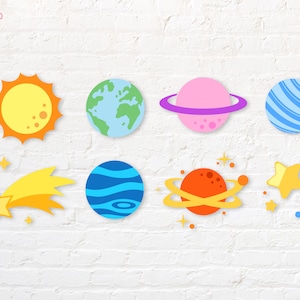 May include: A white brick wall with a yellow sun, a blue and green earth, a pink planet with a purple ring, a blue and white striped planet, a yellow comet with a star, a blue planet with waves, an orange planet with a yellow ring, and a yellow star with smaller stars and blue dots.