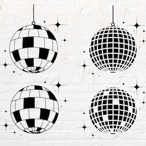May include: Four black and white disco ball illustrations with a white background. Each disco ball has a string hanging from the top. The disco balls are arranged in a grid pattern.