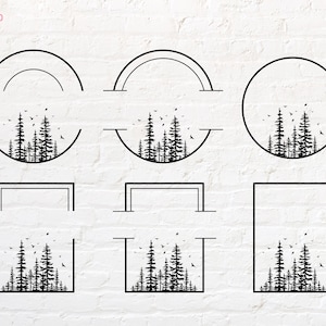以下が含まれることがあります： 木と鳥が描かれた森のシーンを特徴とする、黒と白の9つのロゴテンプレートのセット。ロゴは、円、半円、正方形など、さまざまな形をしています。