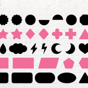 May include: An assortment of black and pink geometric shapes, such as circles, stars, diamonds, and rectangles. The shapes are arranged in rows and columns against a white brick wall background. The word "ROUND" and the number "9" are in the top left corner.