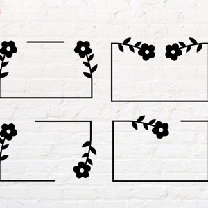 Könnte beinhalten: Vier schwarze rechteckige Rahmen mit floralen Akzenten. Jeder Rahmen hat eine andere Blumenanordnung, mit Blumen und Blättern an den Ecken oder Seiten. Das Wort "ROUND" und die Zahl "9" befinden sich in der oberen linken Ecke.