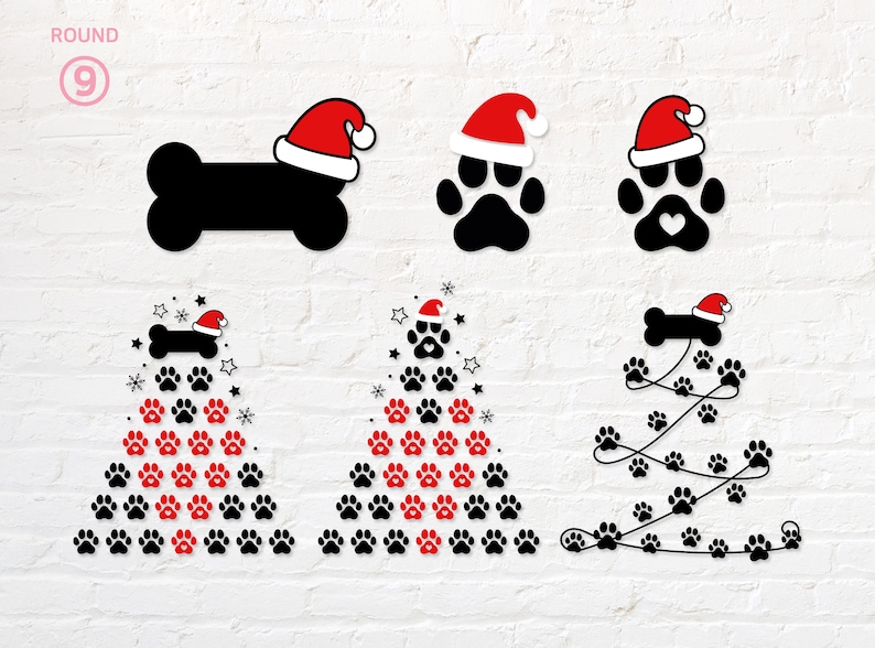 May include: A set of six Christmas-themed dog paw print designs. The designs include a bone with a Santa hat, a paw print with a Santa hat, a paw print with a heart and a Santa hat, a paw print Christmas tree, a paw print Christmas tree with a bone at the top, and a paw print Christmas tree with a garland.