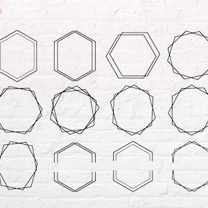 May include: A set of 12 geometric frames in black, with various shapes, including hexagons and octagons. The frames are arranged in three rows of four, on a white brick background.