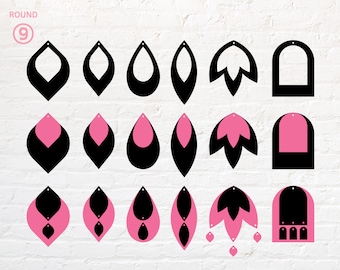 Pode incluir: Um conjunto de 9 designs de brincos diferentes, incluindo formas de lágrima, flor e arco. Os brincos são pretos e rosa e são mostrados em um fundo de tijolo branco. O texto "ROUND 9" está no canto superior esquerdo da imagem.