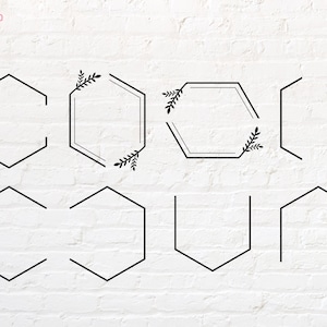May include: Nine different black hexagon frame designs, some with floral accents, on a white brick background.  Round 9 is in the top left corner.