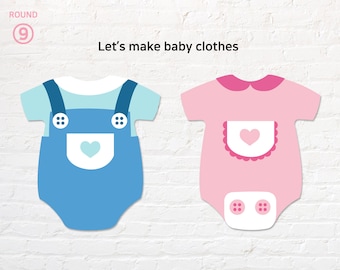 Puede incluir: Dos bodies para bebé, uno azul con un bolsillo en forma de corazón y otro rosa con un corazón y un borde de volantes.  Hagamos ropa para bebés.