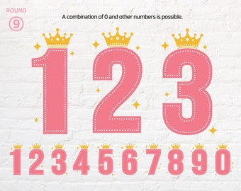 May include: Pink numbers 1 through 9 with gold crowns on top. The numbers 1, 2, and 3 are larger than the rest. The text "A combination of 0 and other numbers is possible." is above the numbers.