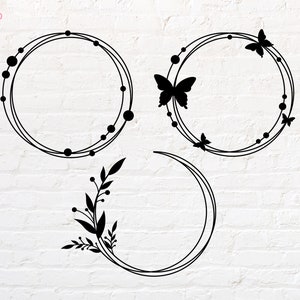 May include: Three black silhouette designs for a round frame. The first frame is decorated with small circles. The second frame is decorated with butterflies. The third frame is decorated with leaves and berries.