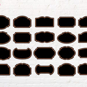 May include: A set of 20 black and orange round label frames. The frames are in various shapes and sizes, including circles, ovals, rectangles, and squares. The frames are perfect for adding a touch of vintage style to your projects.
