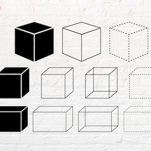 以下が含まれることがあります： 黒、白、点線の立方体が9つ、さまざまな向きに配置されています。立方体は3行3列に配置されています。上の行には、黒色の立方体、エッジが見える白い立方体、点線の立方体が表示されています。真ん中の行には、黒色の立方体、エッジが見える白い立方体、点線の立方体が表示されています。下の行には、黒色の立方体、エッジが見える白い立方体、点線の立方体が表示されています。