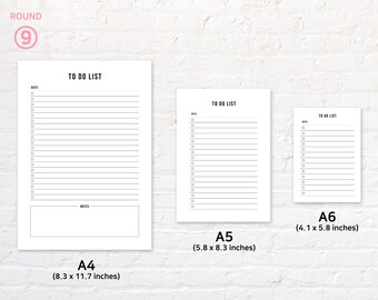 May include: Three printable to-do list templates in different sizes: A4 (8.3 x 11.7 inches), A5 (5.8 x 8.3 inches), and A6 (4.1 x 5.8 inches). Each template features a simple design with a title, date, and checkboxes for tasks.