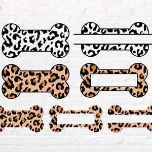 May include: Set of six dog bone shaped digital clipart images with a leopard print design. Some of the bones have a blank space for text.