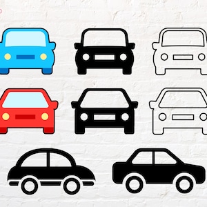 May include: A set of nine car icons in different colors and styles. The icons are in a grid pattern, with three rows and three columns. The icons are all in the same style, with a simple, cartoonish design. The icons are all facing forward, with the front of the car visible. The icons are all in different colors, including blue, red, black, and white.