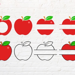 May include: Set of nine red apple SVG cut files. The apples are in various styles, including a whole apple, a split apple with a blank space for text, and a split apple with a line down the middle for text. The apples are perfect for creating personalized gifts, home decor, and more.